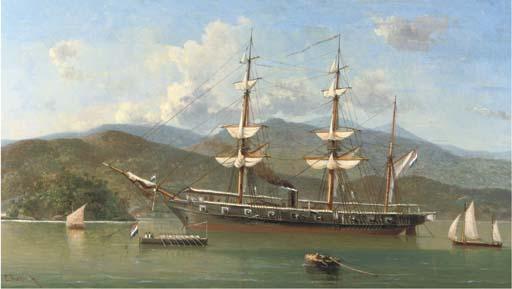 Everhardus Koster - A Dutch naval barque anchored off a foreign coast