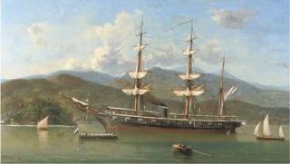 Everhardus Koster - A Dutch naval barque anchored off a foreign coast