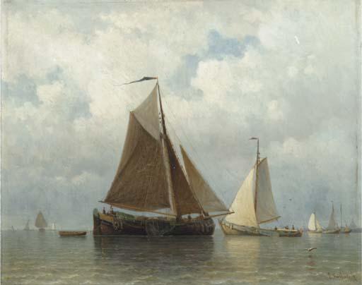 Everhardus Koster - Sailing barges on the IJ, Amsterdam beyond