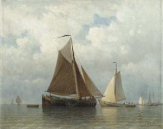 Everhardus Koster - Sailing barges on the IJ, Amsterdam beyond