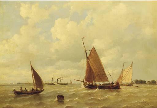 Everhardus Koster - Sailing vessels and a steamship by a coast