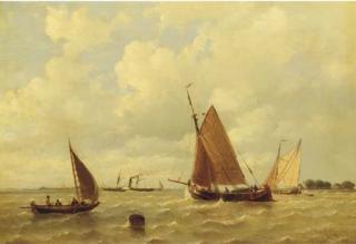 Everhardus Koster - Sailing vessels and a steamship by a coast