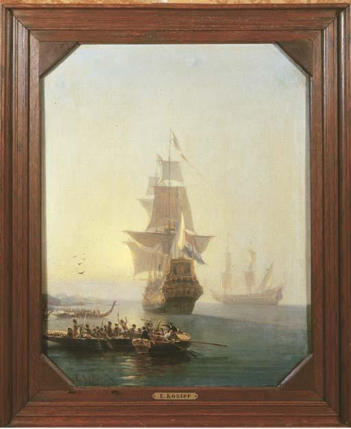 Everhardus Koster - The arrival of a V.O.C. ship in an African harbour