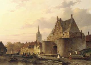 Everhardus Koster - The Waterslootpoort at Delft at sunset, with the Prinsenhof in the distance