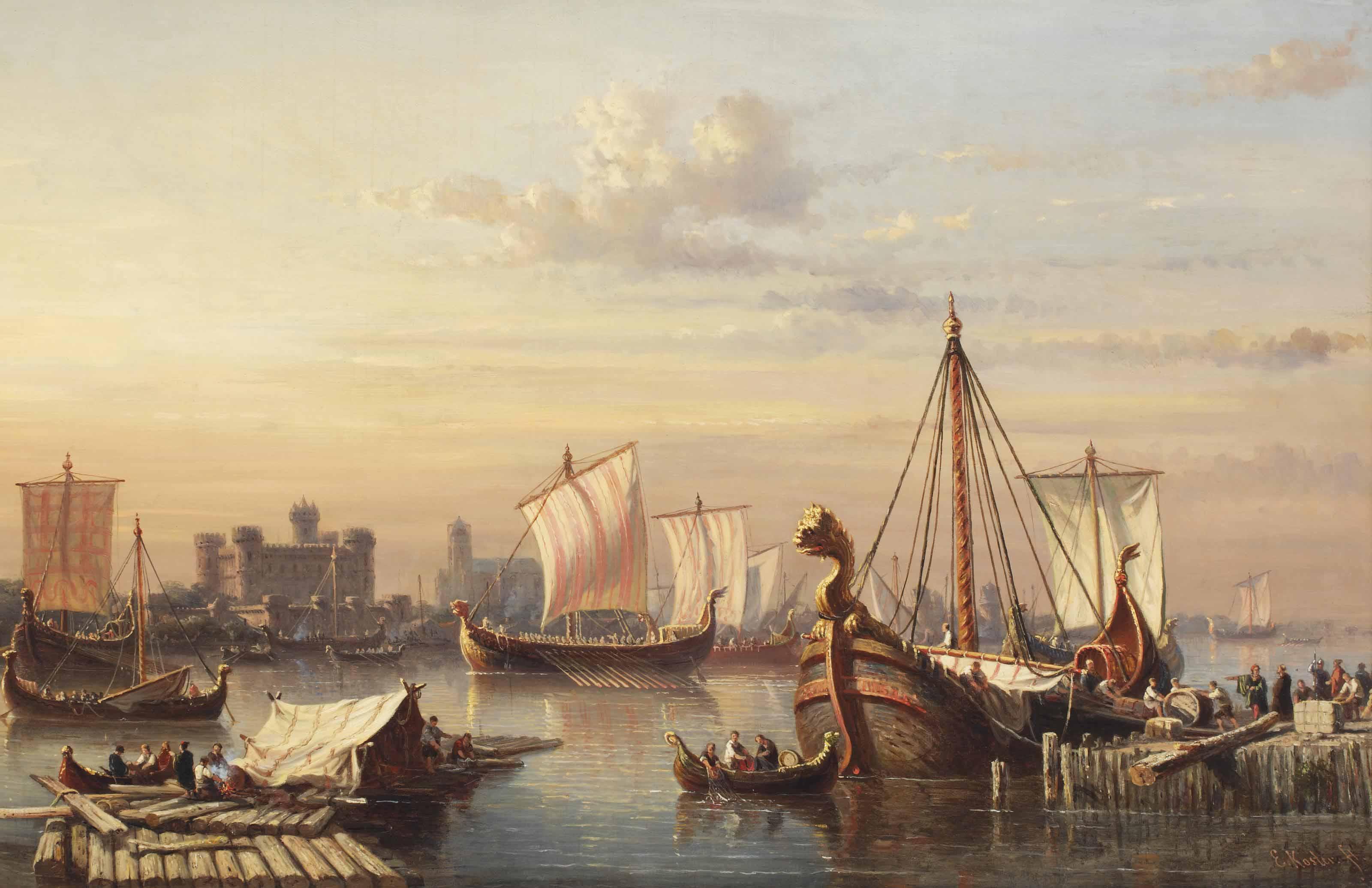 Everhardus Koster - Viking ships on the river Thames