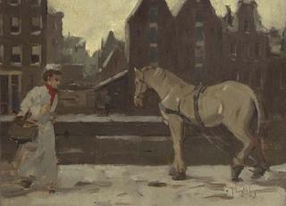 Evert Jan Ligtelijn - A grey horse on a quay, Amsterdam