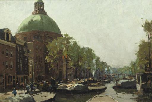Evert-Jan Ligtelijn - Barges in the Singel with the Koepelkerk, Amsterdam