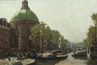 Evert-Jan Ligtelijn - Barges in the Singel with the Koepelkerk, Amsterdam