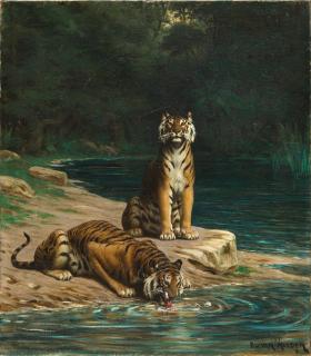 Évert Louis van Muyden - Zwei Tiger an einer Wasserstelle im schattigen Unterholz.