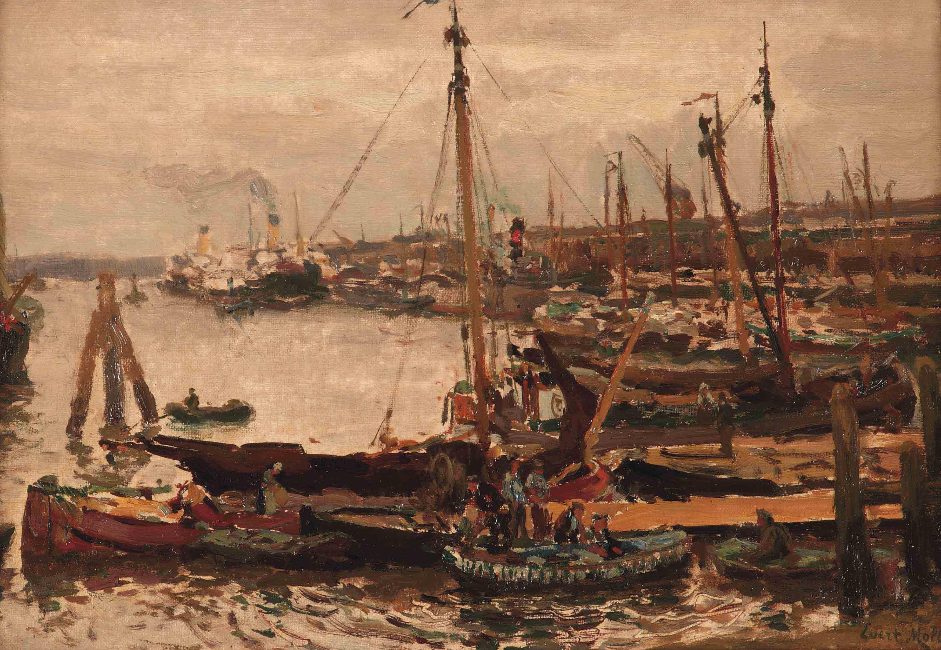 Evert Moll - A view of a busy harbour