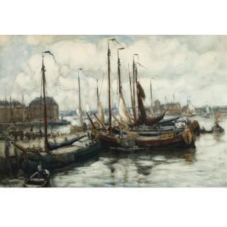 Evert Moll - Moored Boats In A Dutch Harbour