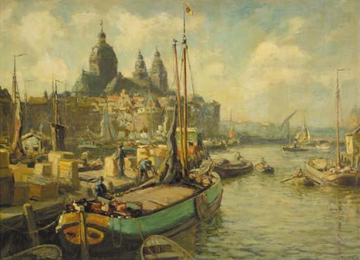 Evert Moll - Moored sailing barges in Amsterdam with the St. Nikolaaskerk and the Schreierstoren beyond