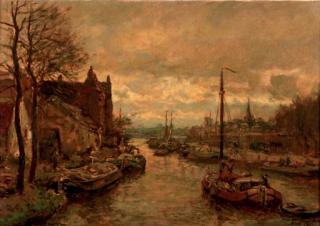 Evert Moll - Shipping on a canal at sunset