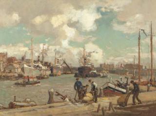 Evert Moll - The harbour of Rotterdam with figures on a quay