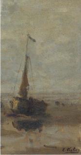 Evert Pieters - A fishing boat at low tide