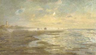 Evert Pieters - A hazy morning with shell fishers on the beach