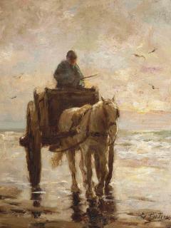 Evert Pieters - A shell-fisher and his horse at sunset