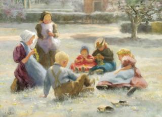 Evert Pieters - Children plaiting flower crowns in a summer meadow