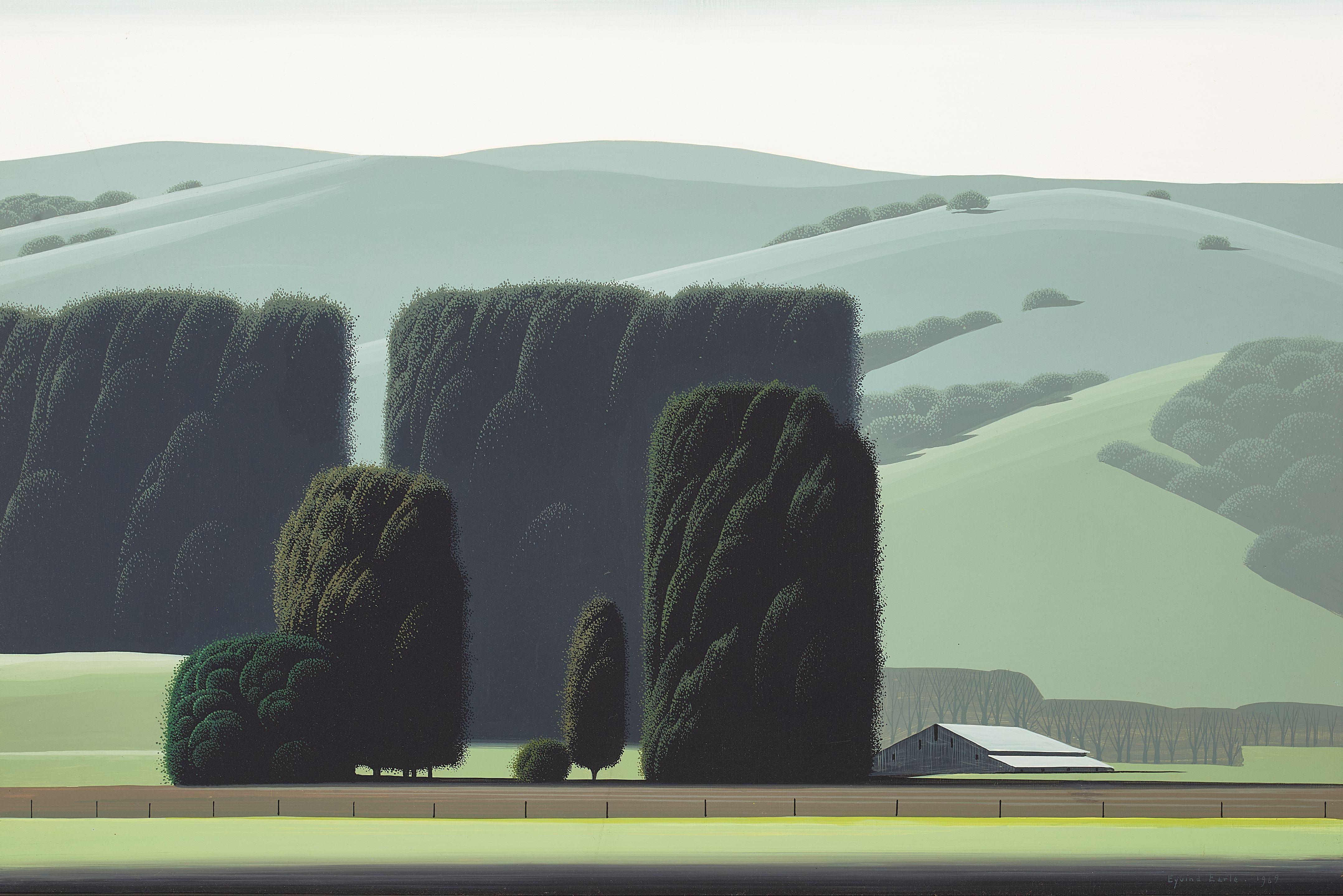 Eyvind Earle - Santa Ynez California Hillside 20 x 30 in. framed 26 x 36 in.