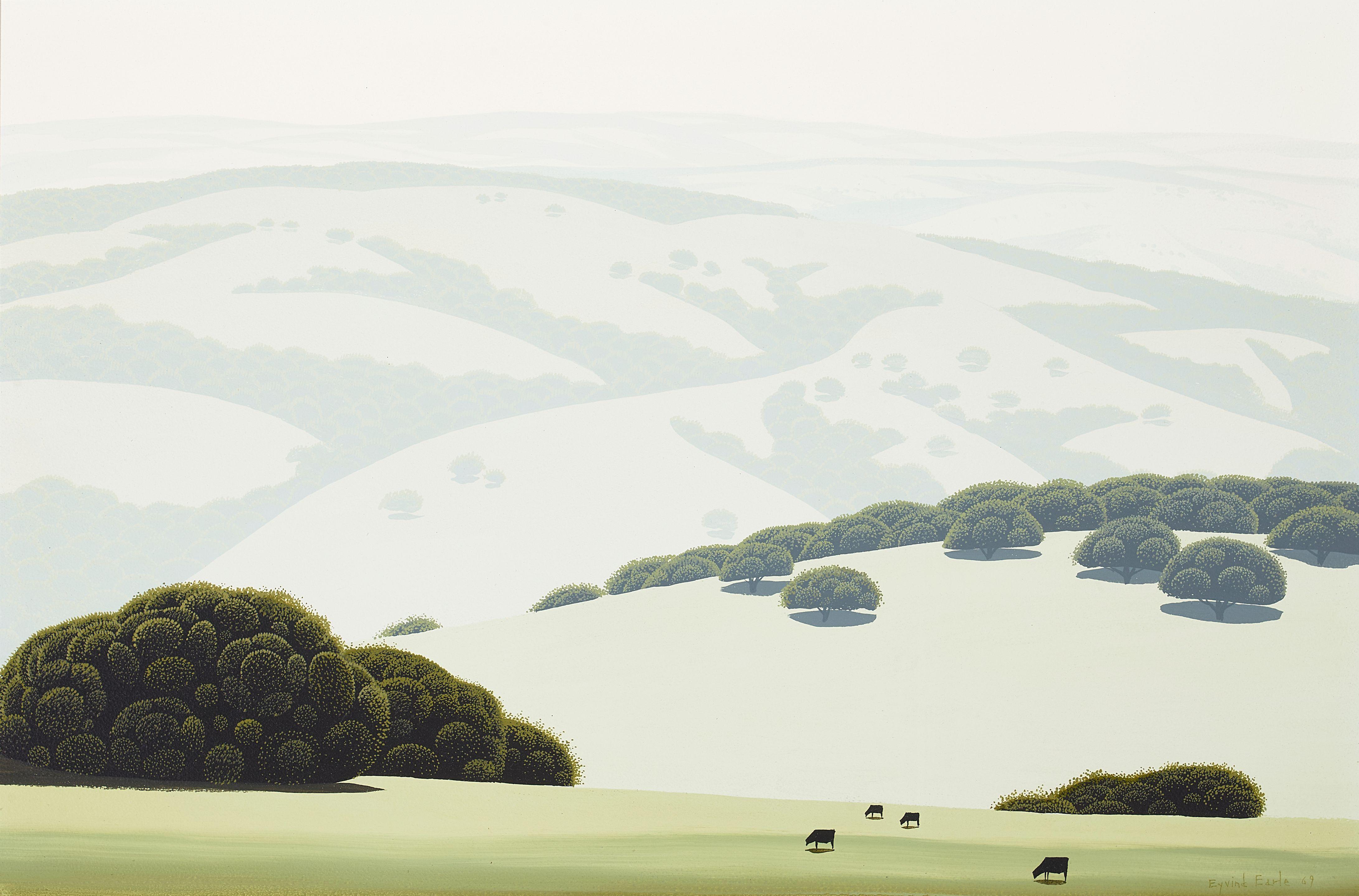 Eyvind Earle - Santa Ynez California Hillside & Grassland with Cows 20 x 30 in.