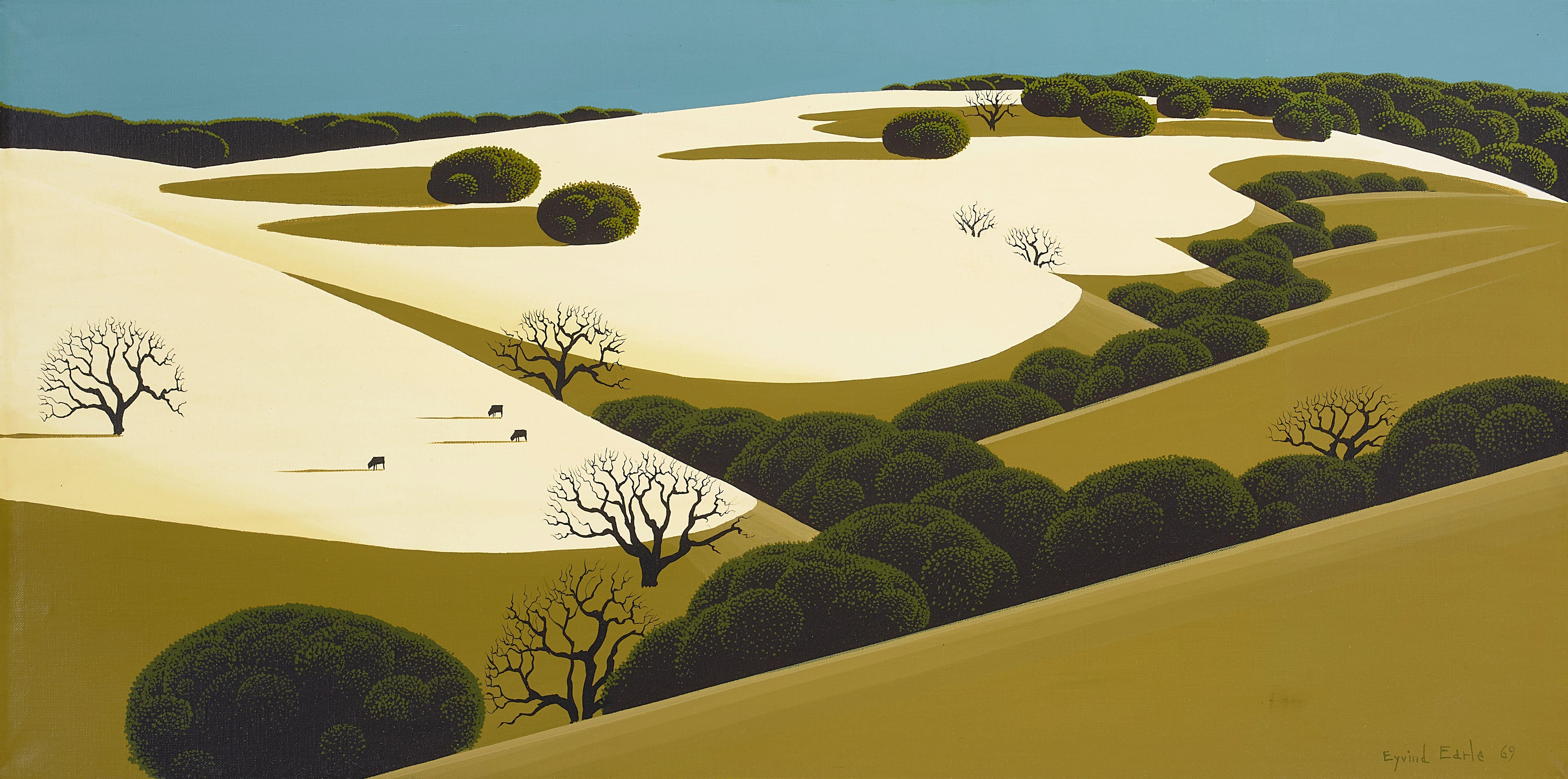 Eyvind Earle - Santa Ynez Hillside with Oaks and Cows 15 x 30 in. framed 22 1/2 x 37 1/4 in.