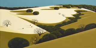 Eyvind Earle - Santa Ynez Hillside with Oaks and Cows 15 x 30 in. framed 22 1/2 x 37 1/4 in.
