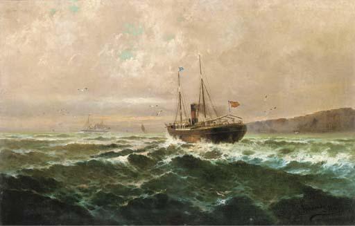 F. Hernandez Monjo - Spanish steamers off the coast at dusk