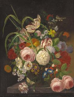 F. Van Geit - Peonies, tulips and other summer flowers in a glass vase on a stone ledge