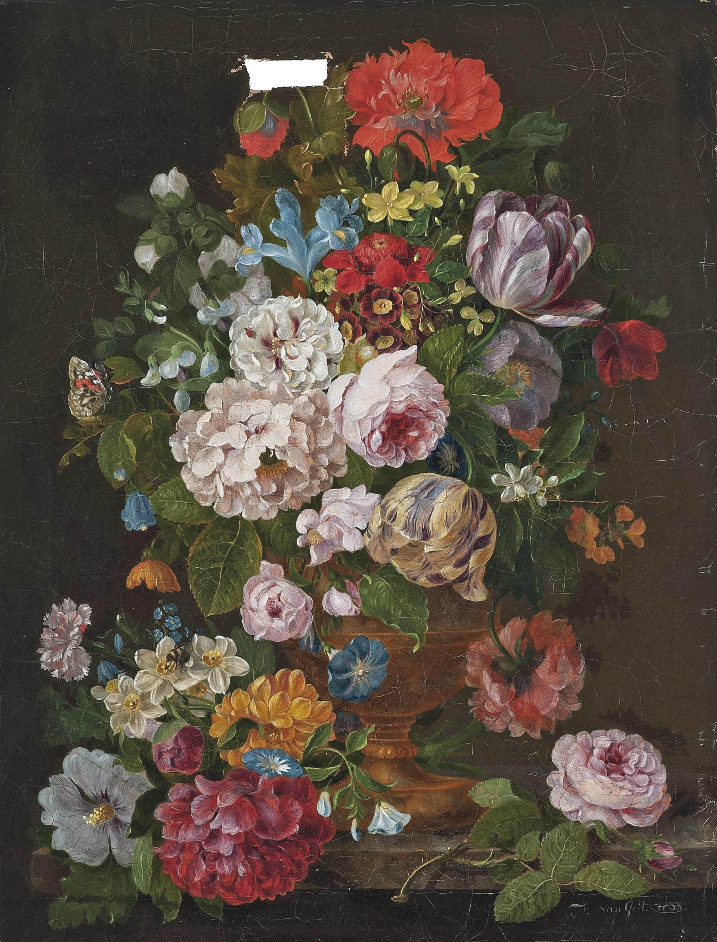 F. van Geit - Roses, Tulips, Narcissae, Chrysanthemums And Other Summer Blooms In A Ewer On A Ledge With A Beetle, Butterfly And Bee