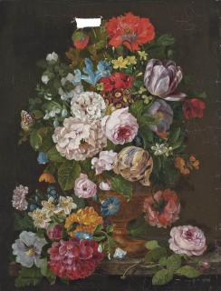 F. van Geit - Roses, Tulips, Narcissae, Chrysanthemums And Other Summer Blooms In A Ewer On A Ledge With A Beetle, Butterfly And Bee