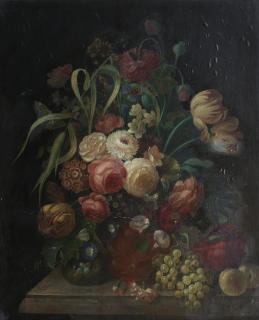 F. Van Geit - Still life with Vase of Summer Flowers and Bird Nest