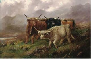 F. Walters - Highland Cattle In A Misty Landscape