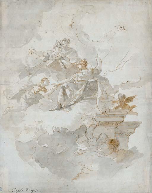 Fabio Canal - Etude de décor: un homme agenouillé devant une femme assise sur des nuages, quelques autres figures et un putto