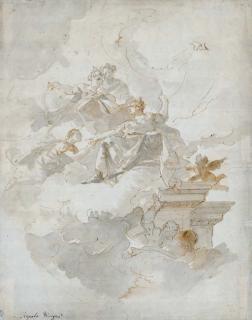 Fabio Canal - Etude de décor: un homme agenouillé devant une femme assise sur des nuages, quelques autres figures et un putto