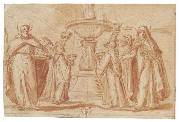 Fabrizio Boschi - A group of bishops and monks taking water from a fountain, with Saint Paul and Saint Catherine standing in the foreground