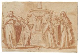 Fabrizio Boschi - A group of bishops and monks taking water from a fountain, with Saint Paul and Saint Catherine standing in the foreground