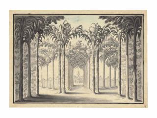 Fabrizio Galliari - Design For A Stage Set Of An Imperial Garden With An Enfilade Of Trees And A Fortified Building In The Distance