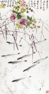 Fan Chang Tien - Wild Hibiscus and Eight Fish