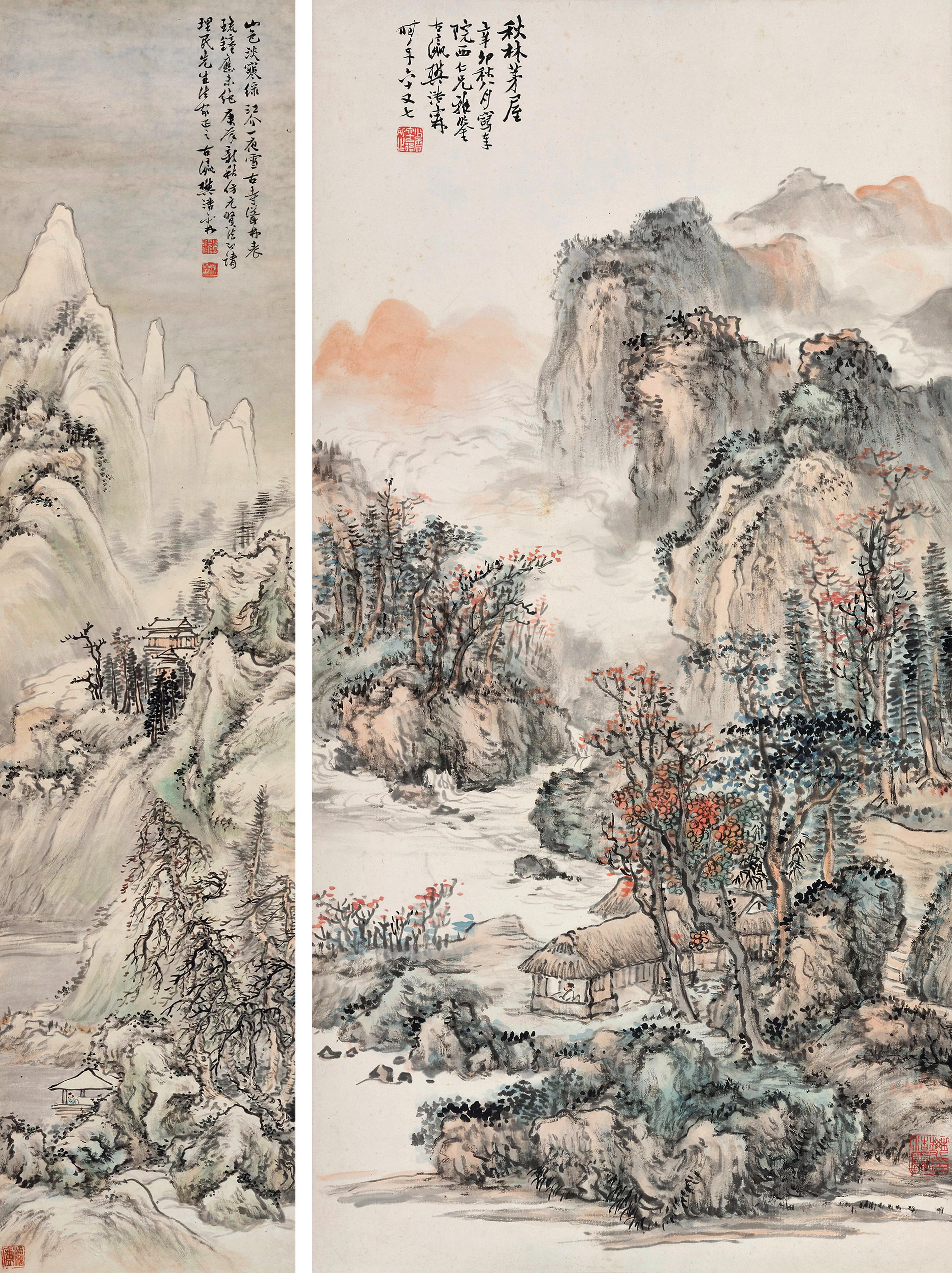 Fan Haolin - Cottage In Autumn, Temple In Snowy Mountain