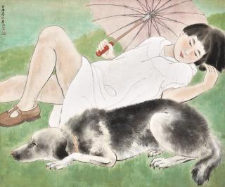 Fang Rending - A Young Lady With A Dog