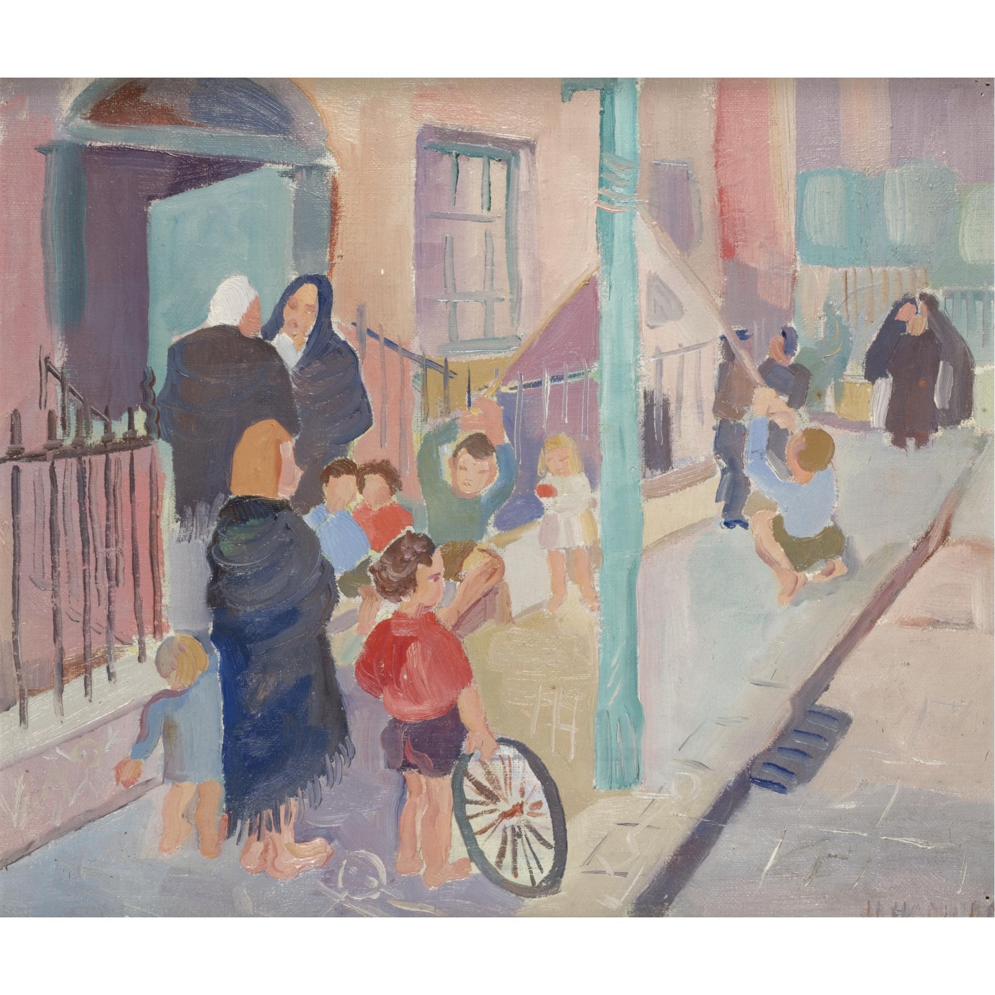 Father Jack Hanlon1913 - 1968 - Dublin Street Scene With Gossiping Shawlies And Children Playing