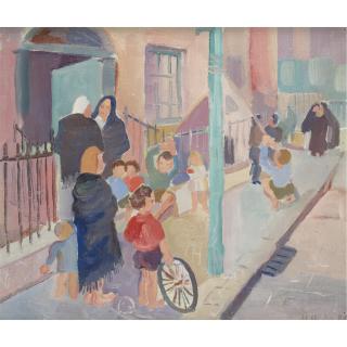Father Jack Hanlon1913 - 1968 - Dublin Street Scene With Gossiping Shawlies And Children Playing
