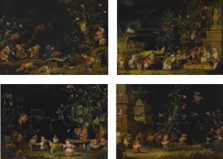 Faustino Bocchi - A Set Of Four Garden Scenes, The First Two Depicting The Capture And Death Of A Lizard