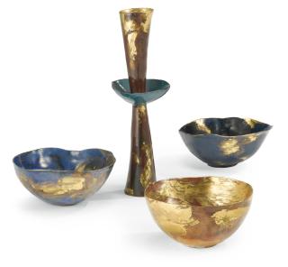 Fausto Melotti - Vasovase: Signed With Seven Dots Under The Base, Glazed Ceramic. Executed In 1955. Coppette: Signed Each With Seven Dots Under The Base, Glazed And Gilt Ceramic, 3 Elements. Executed In 1965 Circa