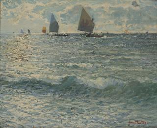 Fausto Pratella - Mareggiata con barche di pescatori sullo sfondo