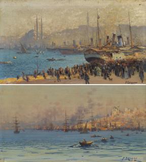 Fausto Zonaro - Italian two Views Of The Bosphorus: A Pair