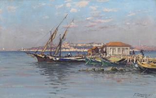 Fausto Zonaro - Pontile Di Salacak (Scutari) With Seraglio Point Beyond