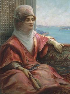 Fausto Zonaro - Portrait of a Turkish Lady with the Bosphorus in the Background