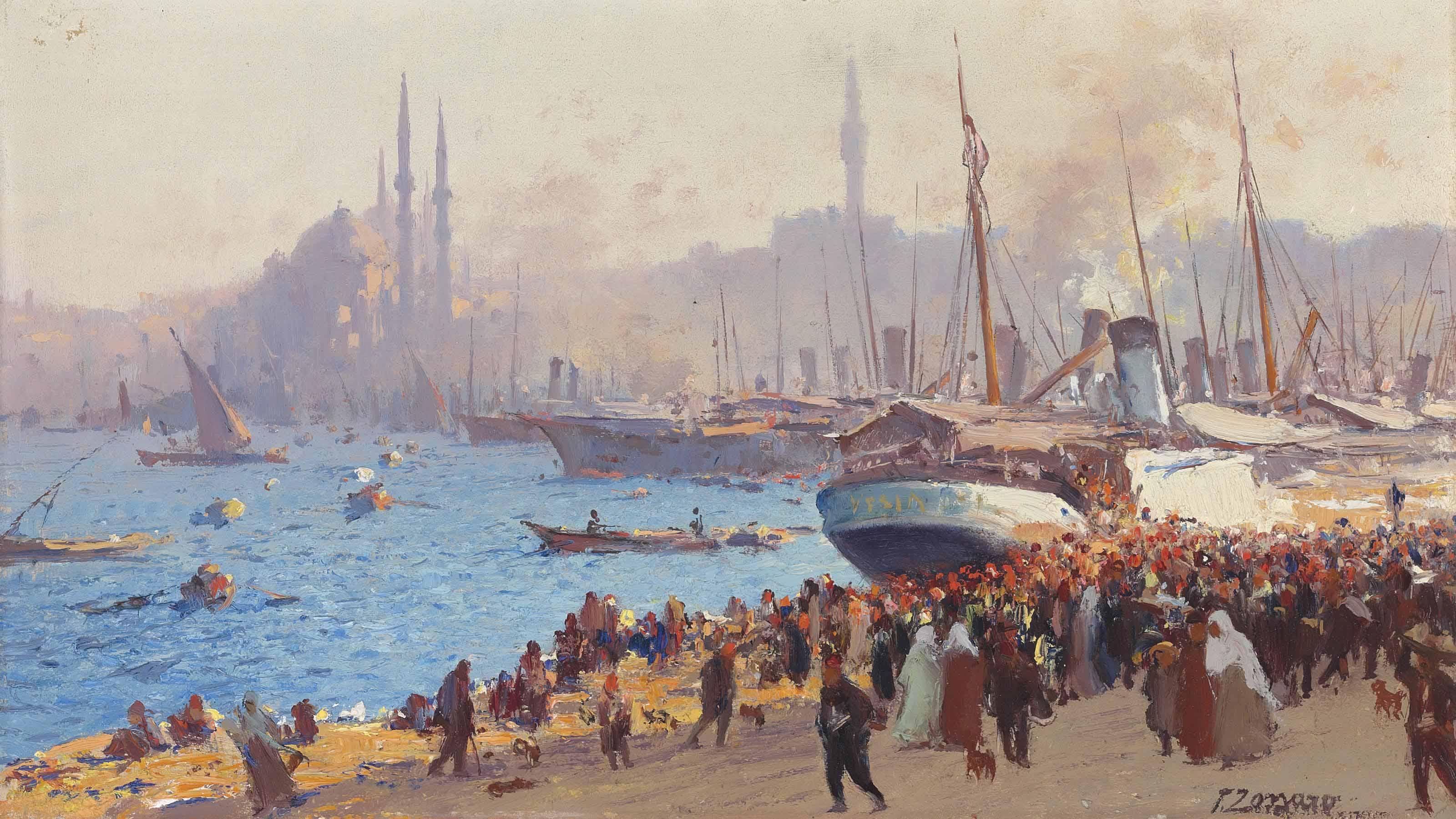 Fausto Zonaro - The Shore At Galata, Constantinople