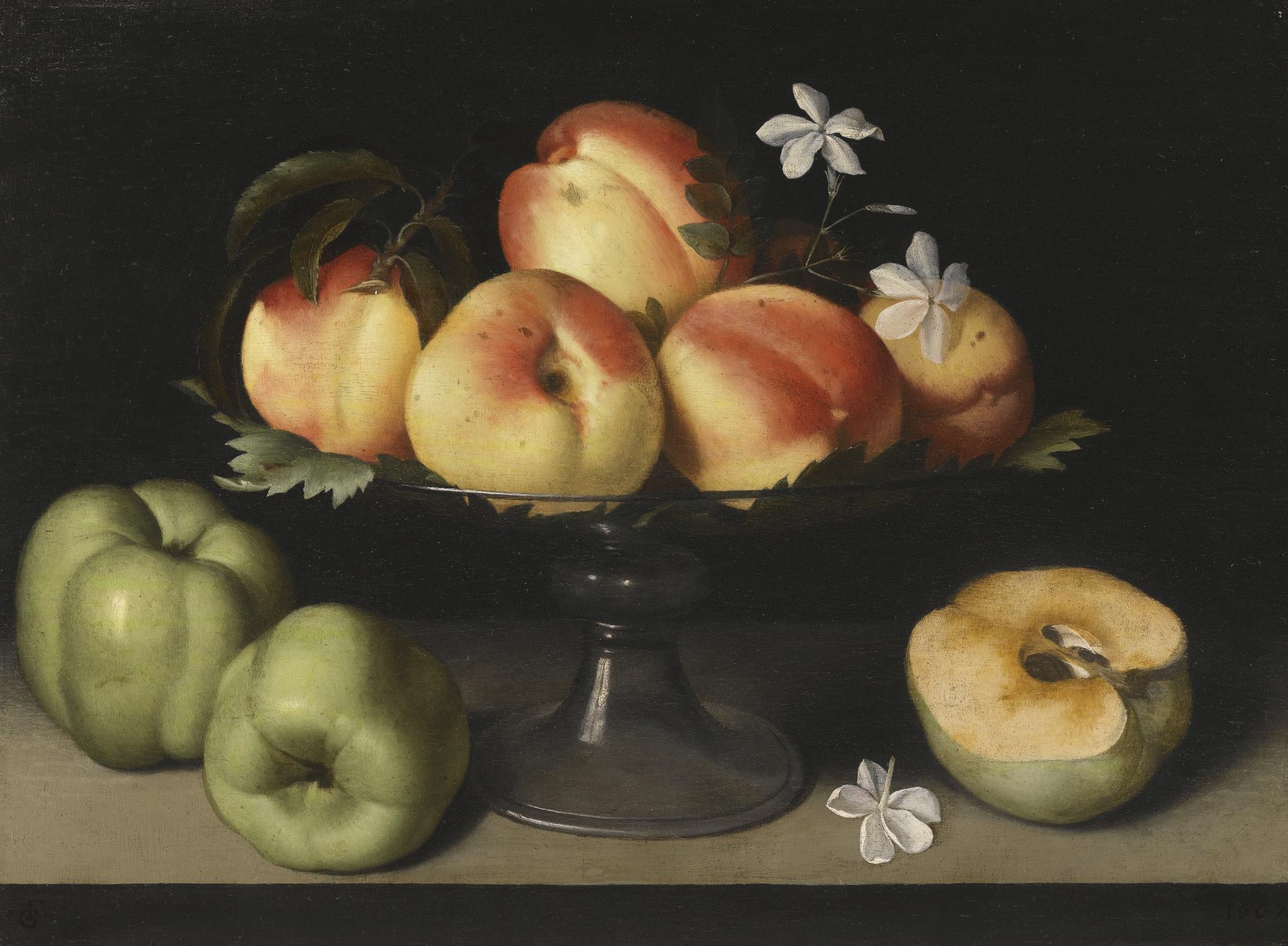 Fede Galizia - A Crystal Fruit Stand With Peaches, Quinces, And Jasmine Flowers